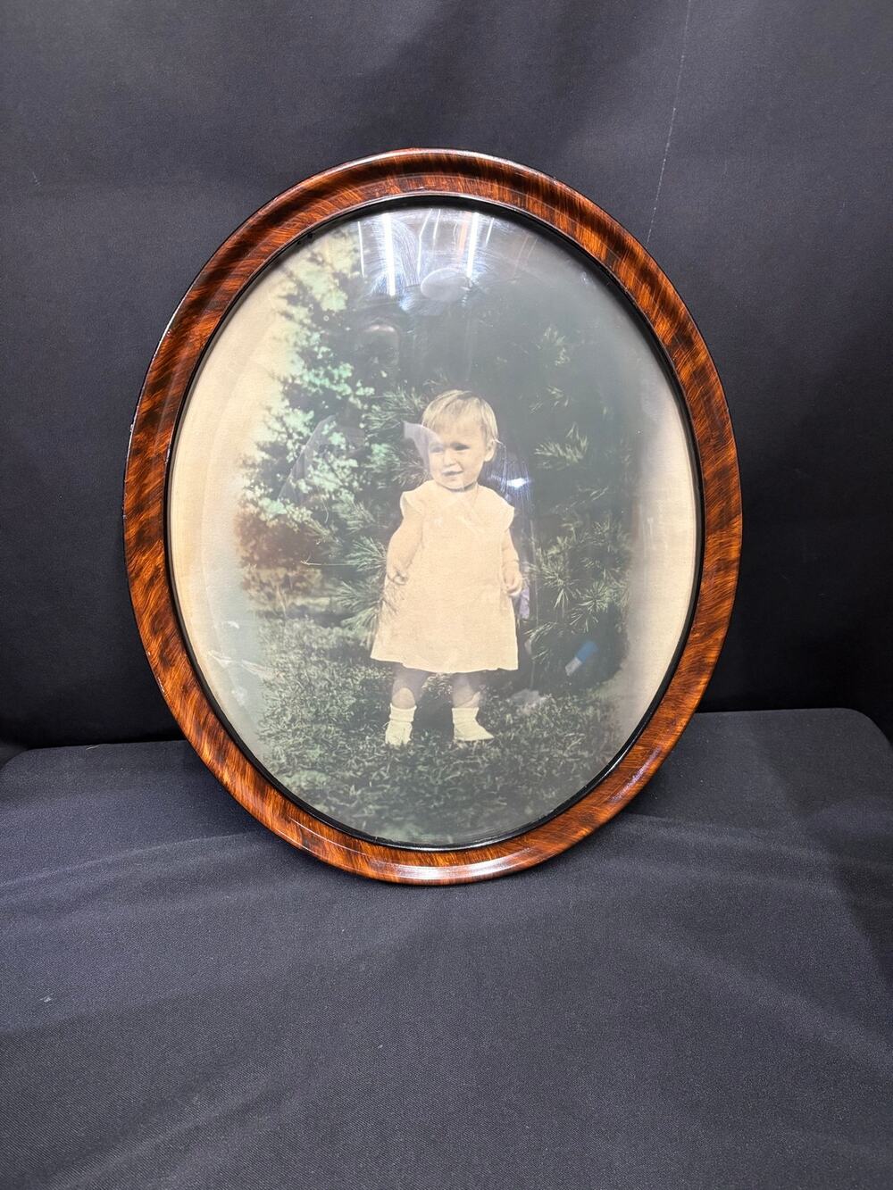 Antique Oval Convex Framed Photograph Large Vintage Tiger Striped Wooden Frame